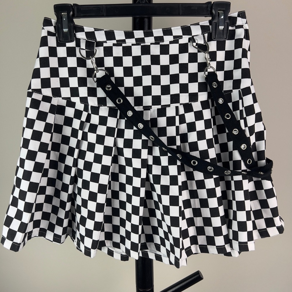 Hot Topic Checkered Pleated Mini Skirt with Detachable Suspenders Black White SM